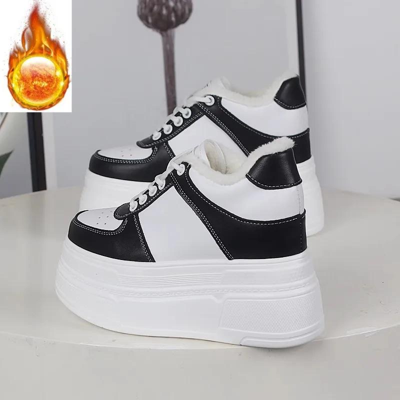 Fashion 12CM Genuine Leather Thick Sole Hidden Heel Fashion Vulcanize Ankle Booties Winter Plush Autumn Spring Shoes