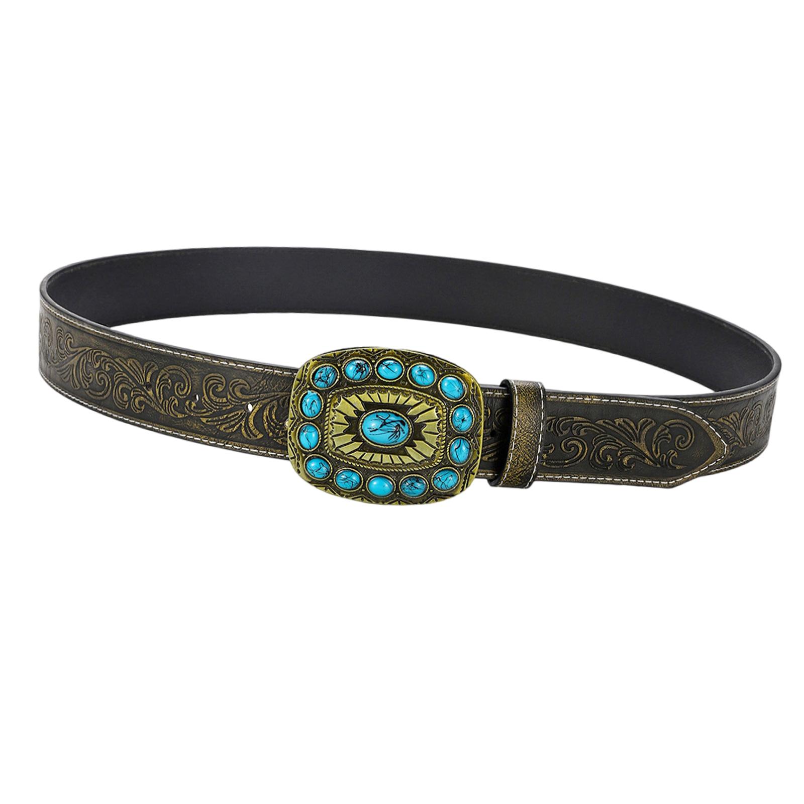 

Антикварный ремень с тисневанной бирюзовой квадратной пряжкой Женский регулируемый поясной ремень Богемный стиль ПУ кожаный пояс 100