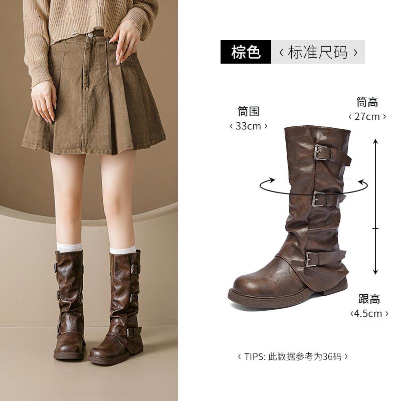 Maillard Martin Boots New Autumn Brown Western Cowboy Boots Medium Knight Boots 35