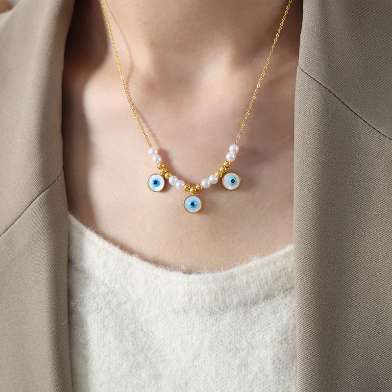 Baroque Devil s Eye Round Pendant Necklace in 18K Gold Plated Titanium Steel
