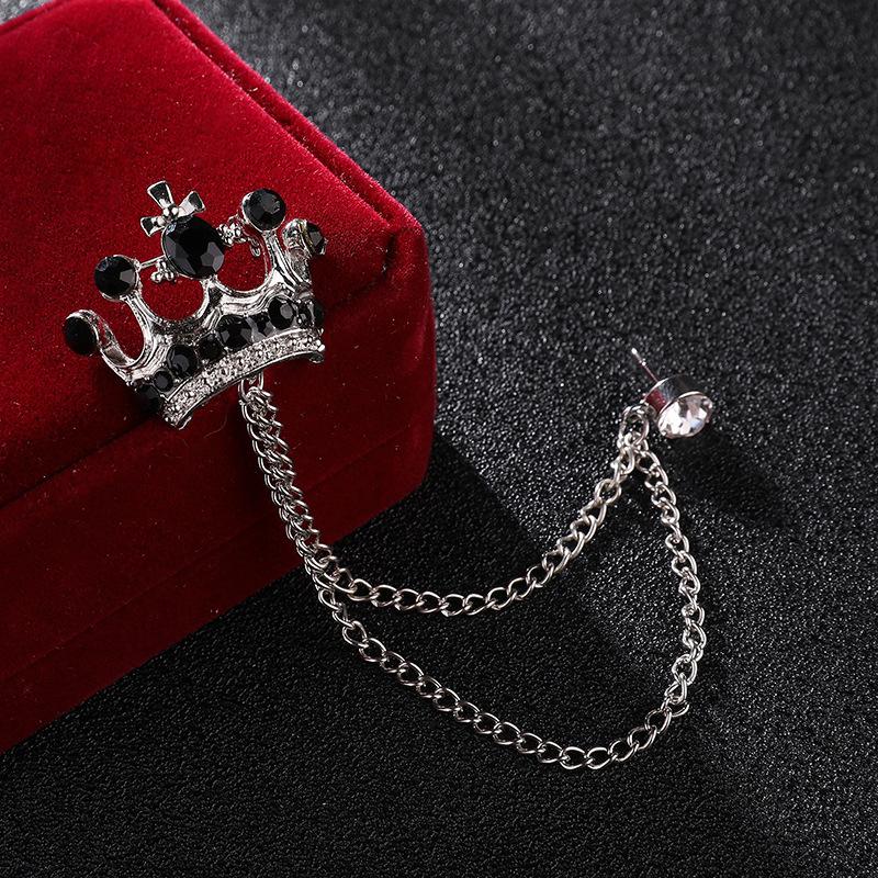 High-end Brooch Crown Crystal Rhinestones Brooches Tassel Chain Lapel Pin British Style Men's Suit Shirt Collar Luxulry Jewelry