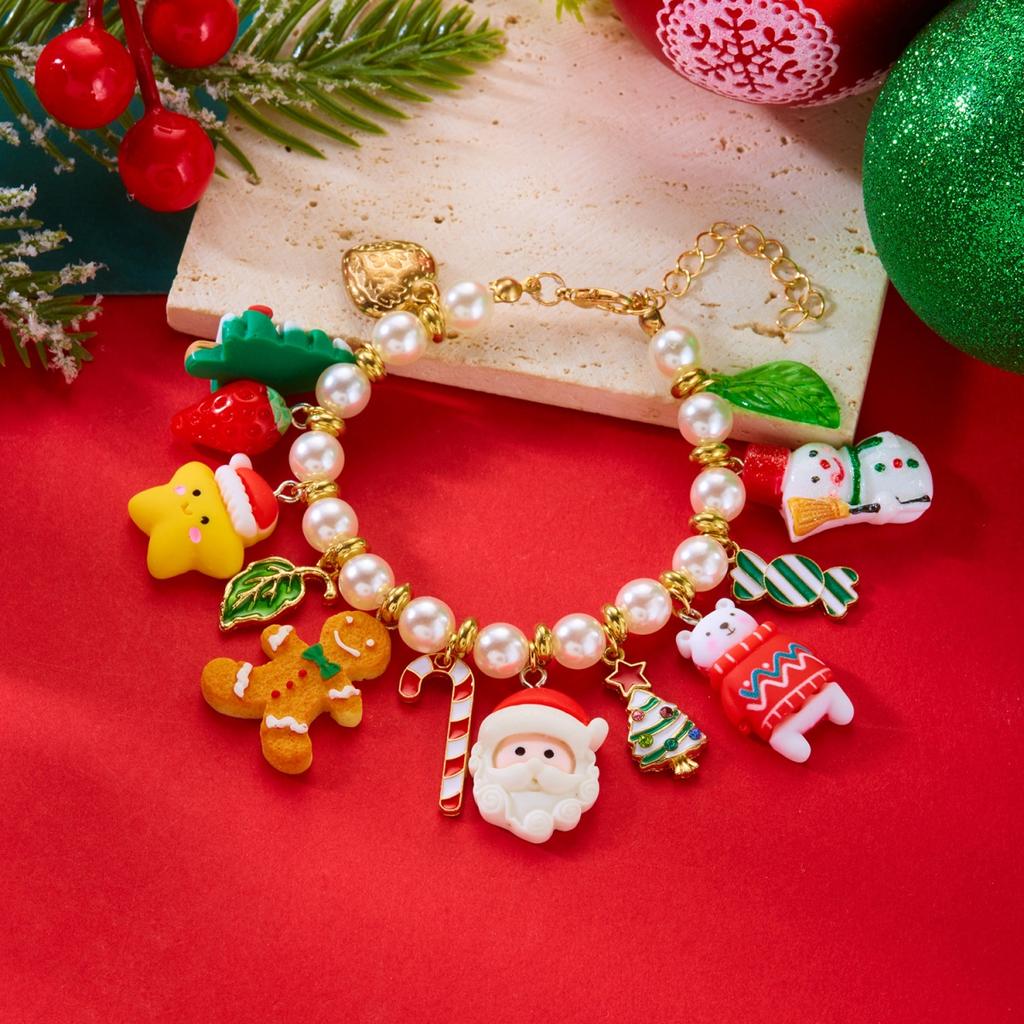 Christmas Resin Santa Claus Gingerbread Snowman Bracelets Deer Star Tree Strawberry Imitation Pearl Bangle For Women Men Jewelry