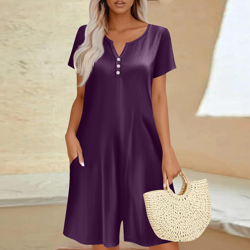 Womens Casual Short Sleeve Jumpsuit Fashion Top Jumpsuit Shorts Rompers With Pockets