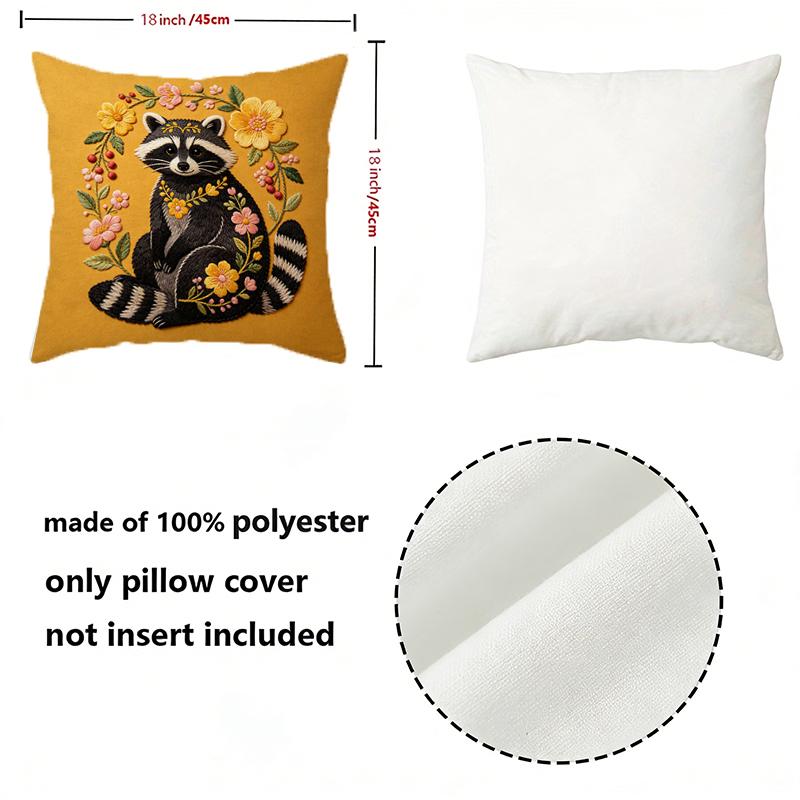 Floral Raccoon Embroidery Style Throw Pillow Covers Pattern Cushion Cover Suitable For Sofa Bedroom Car Pillow Cover