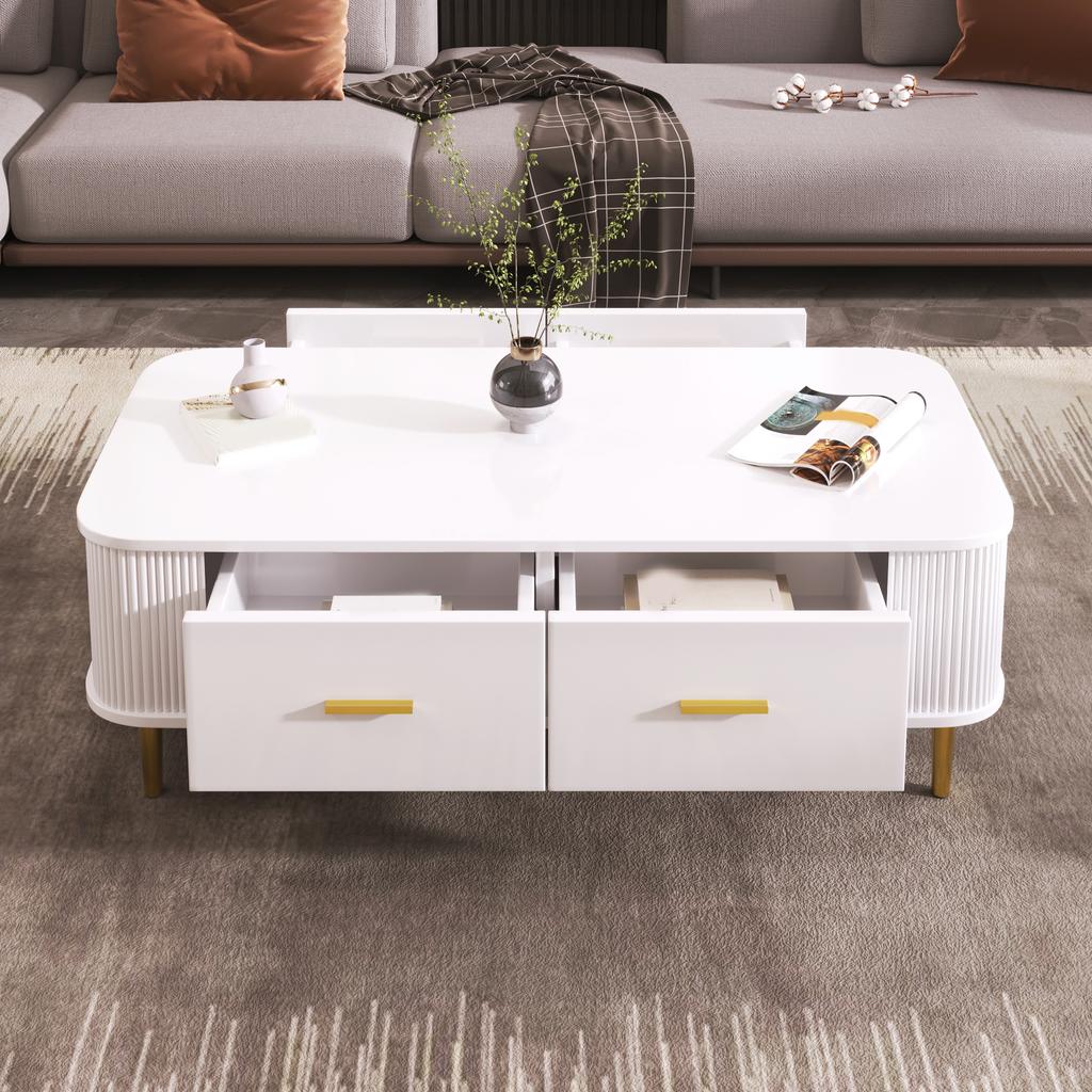 Kaufe Couchtisch mit Schubladen, Abgerundete Ecken, Wohnzimmertisch mit wellenförmigen Seiten, Goldene Griffe und Beine, Beistelltisch zum Preis ab 115