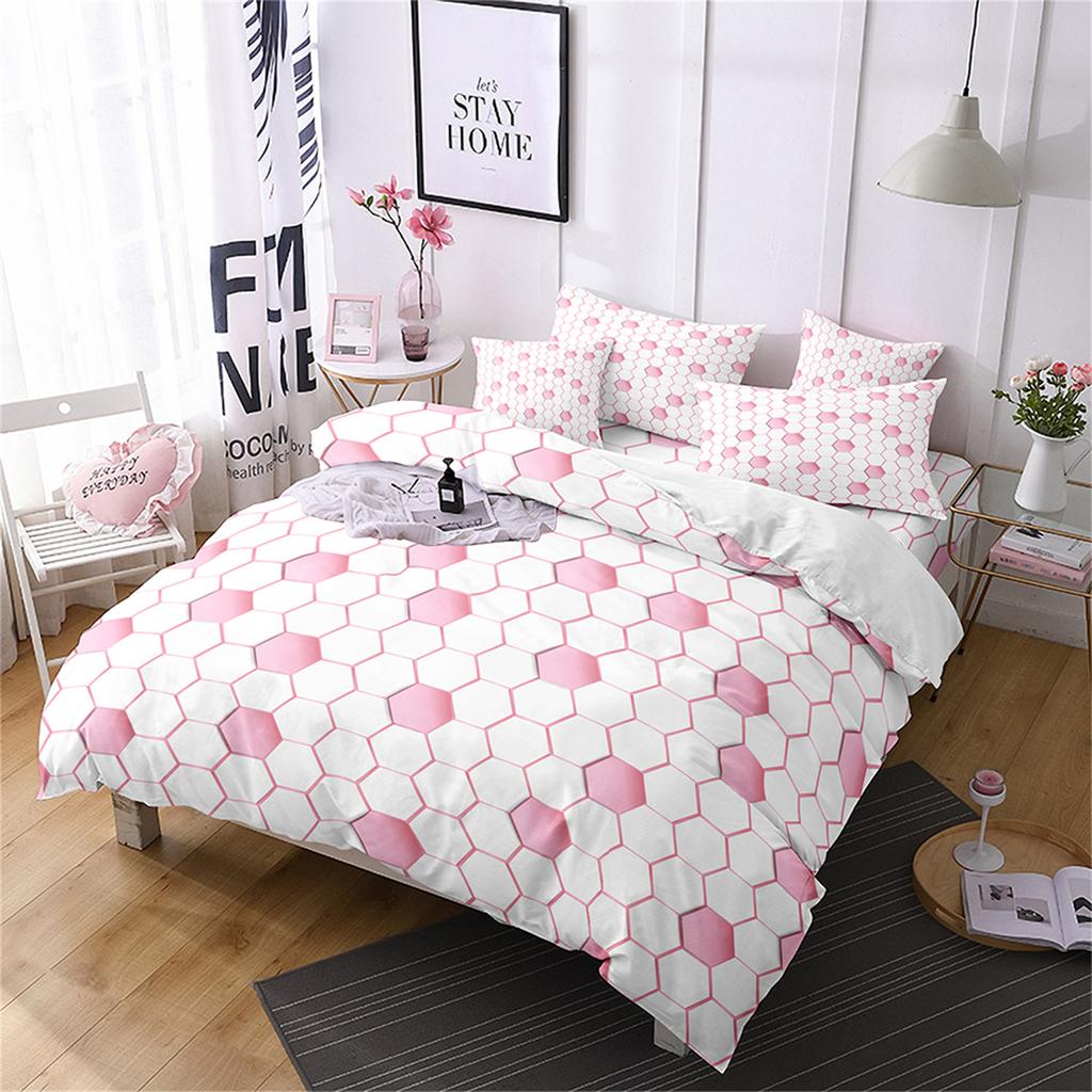 Abstraktes 3D-Druck-Bettwäscheset mit geometrischem Karomuster, vierteilig, dreiteilig