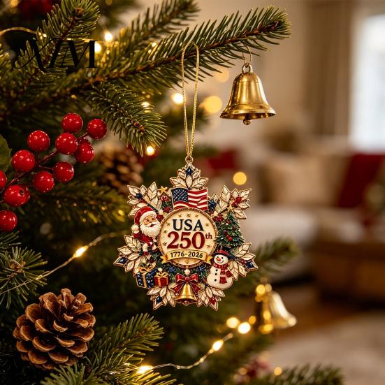 Decorative Fence Branch Accents Christmas Acrylic Hanging Ornament, Double Side Printed 250th Anniversary Pendant Personalized Festive Wall for Tree,