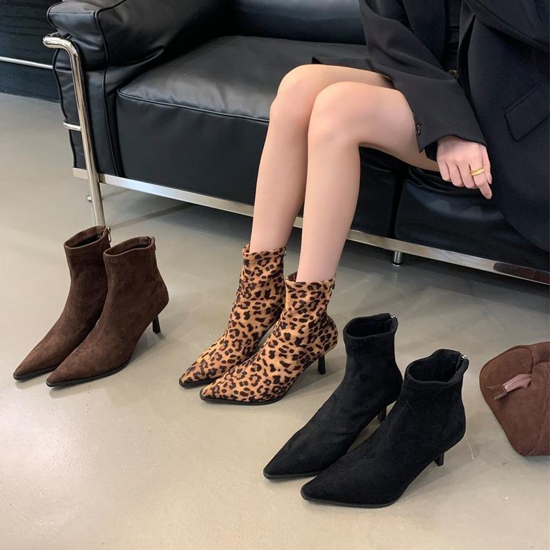 Women's Autumn Suede Pointed Toe Stiletto High-heeled Ankle Boots Slim-fit Boots Korean Style All Match Short Boots