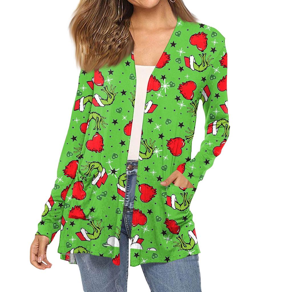 Women's Fashion Christmas Print Long-Sleeved Pocketed Slim-Fit Cardigan Coat