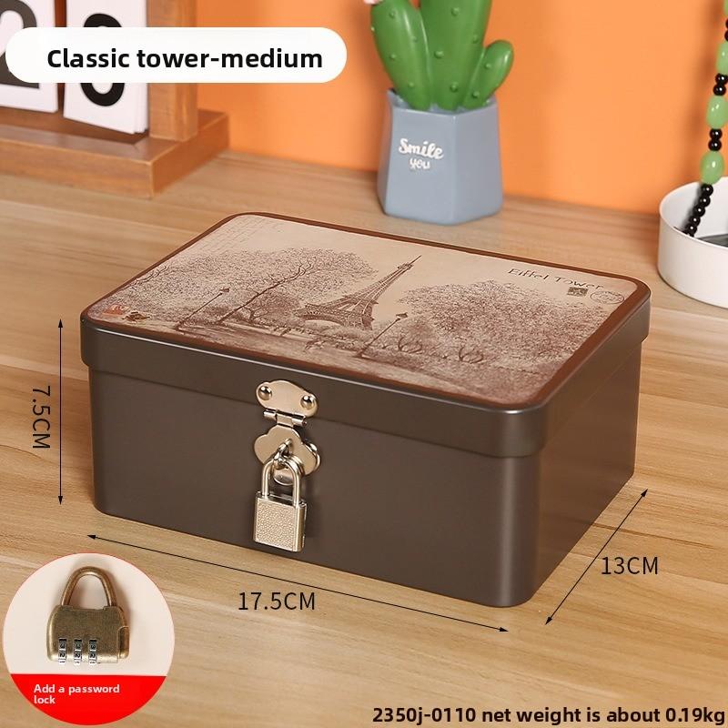 Retro Tinplate Box with Lock Key, Desktop Storage Box, Cosmetics, ID Storage, Household Jewelry Empty Box.