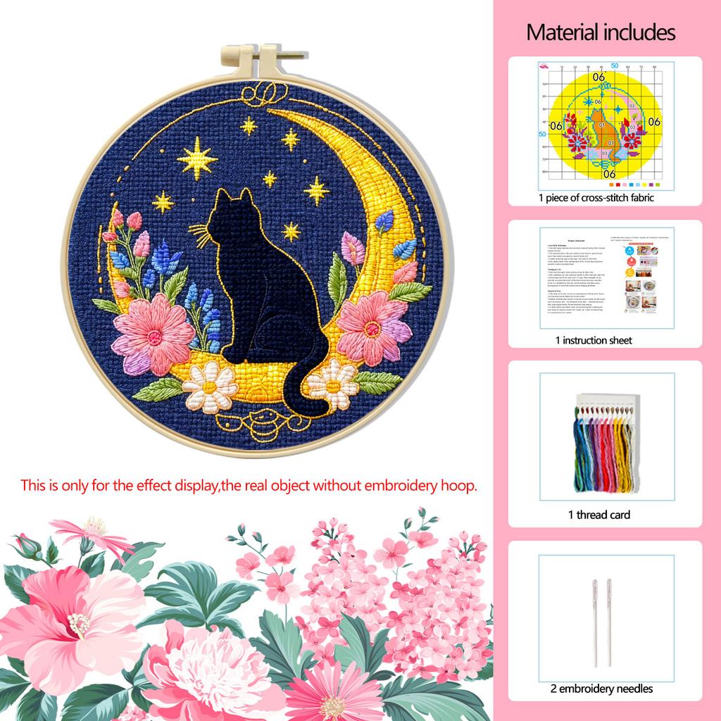 Kleines Nachtkatzen Kreuzstich-Set für Anfänger, Einfaches DIY Stickset mit Mustern