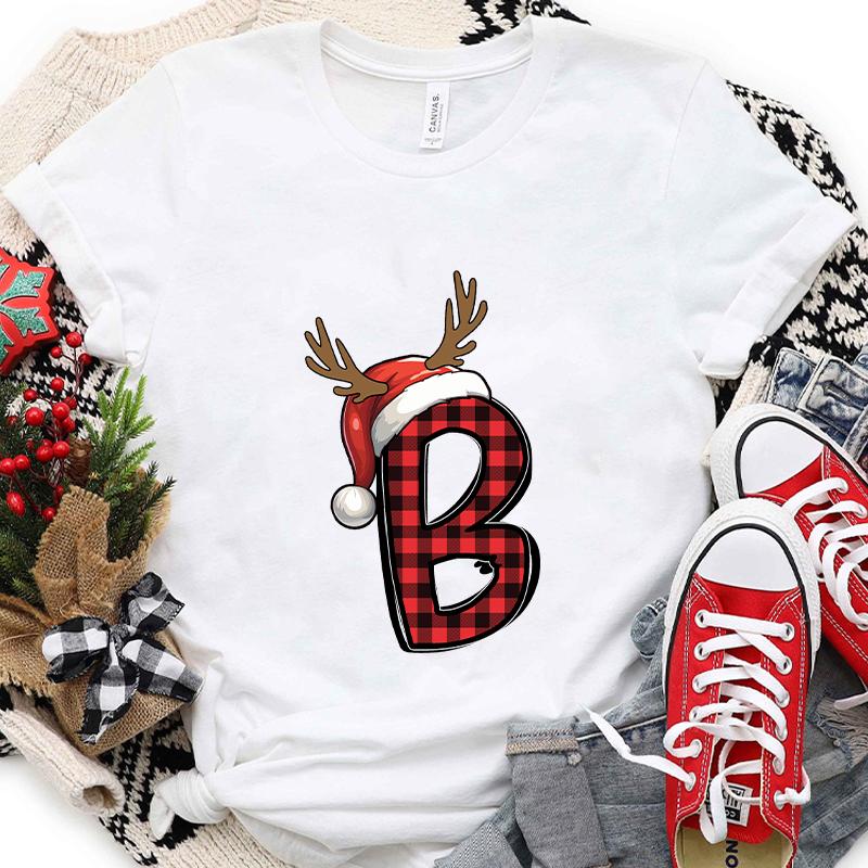 Christmas Alphabet AZ Letter Print Womens Tshirt Santa Graphic Casual Holiday Fashion Top Xmas Party Tees shirt for Women