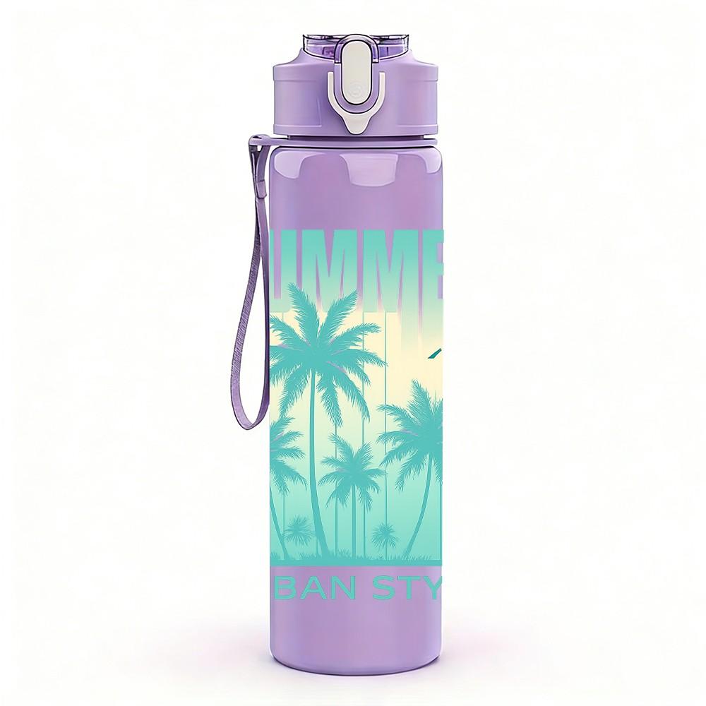 1PC Summer Palm Tree Urban Style Print 750ml Color Plastic Sports Water Bottle Leakproof Flip Straw Lid Suitable for Sports Office Home Use