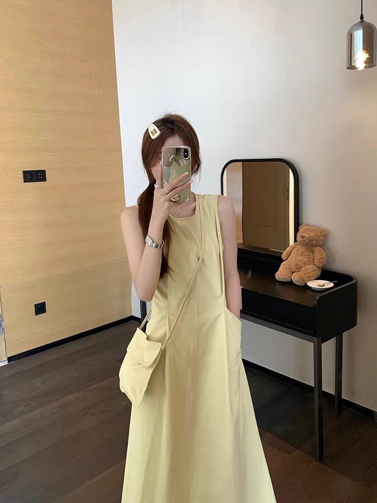 [Invisible zipper + small backpack] pure and gentle yellow dress women's summer round neck waist slimming A-line back
