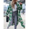 Stylish Plaid Print Womens Long Jacket - Relaxed Casual Button Front with Flap Pockets - Durable Outerwear for Everyday Fashion