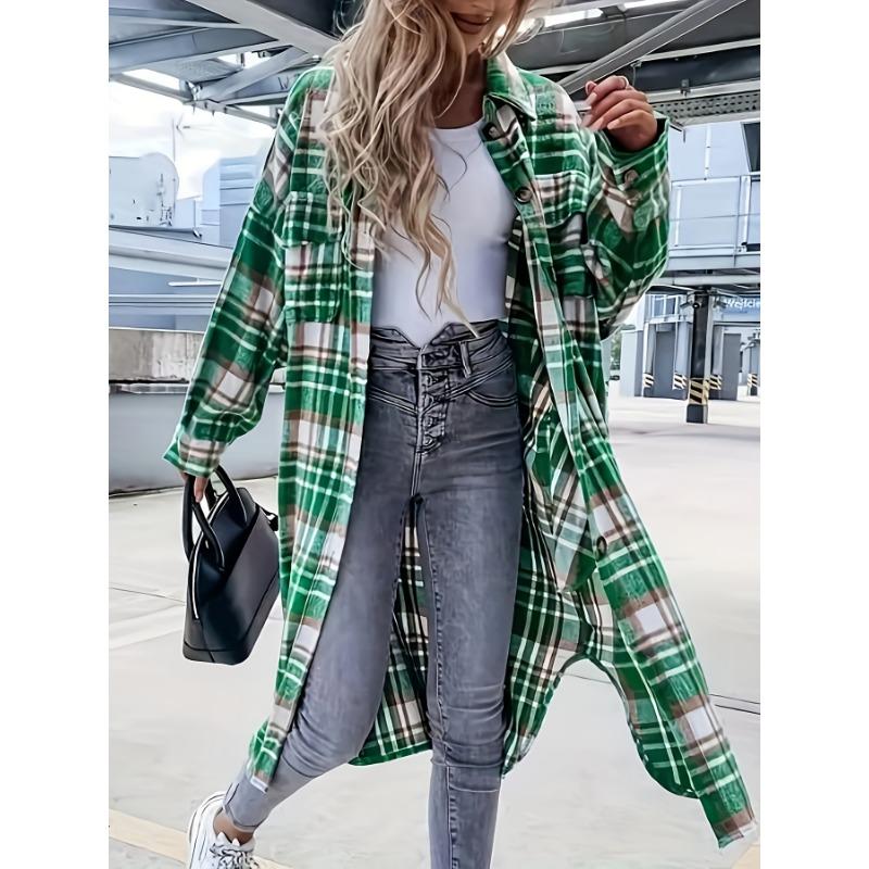 Stylish Plaid Print Womens Long Jacket - Relaxed Casual Button Front with Flap Pockets - Durable Outerwear for Everyday Fashion