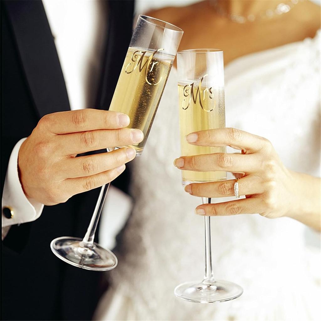 2025+ Mr&Mrs Kristallchampagneglas Set om 2, Brud & Brudgum Skålglas, Modernt & Elegant, Gåva för Bröllop, Årsdag