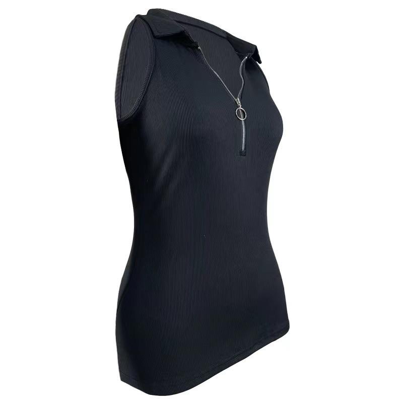 2024 Women's Fashion Casual Solid Color Ribbed Zip-Up Vest T-Shirt with Turn-Down Collar for Spring/Summer