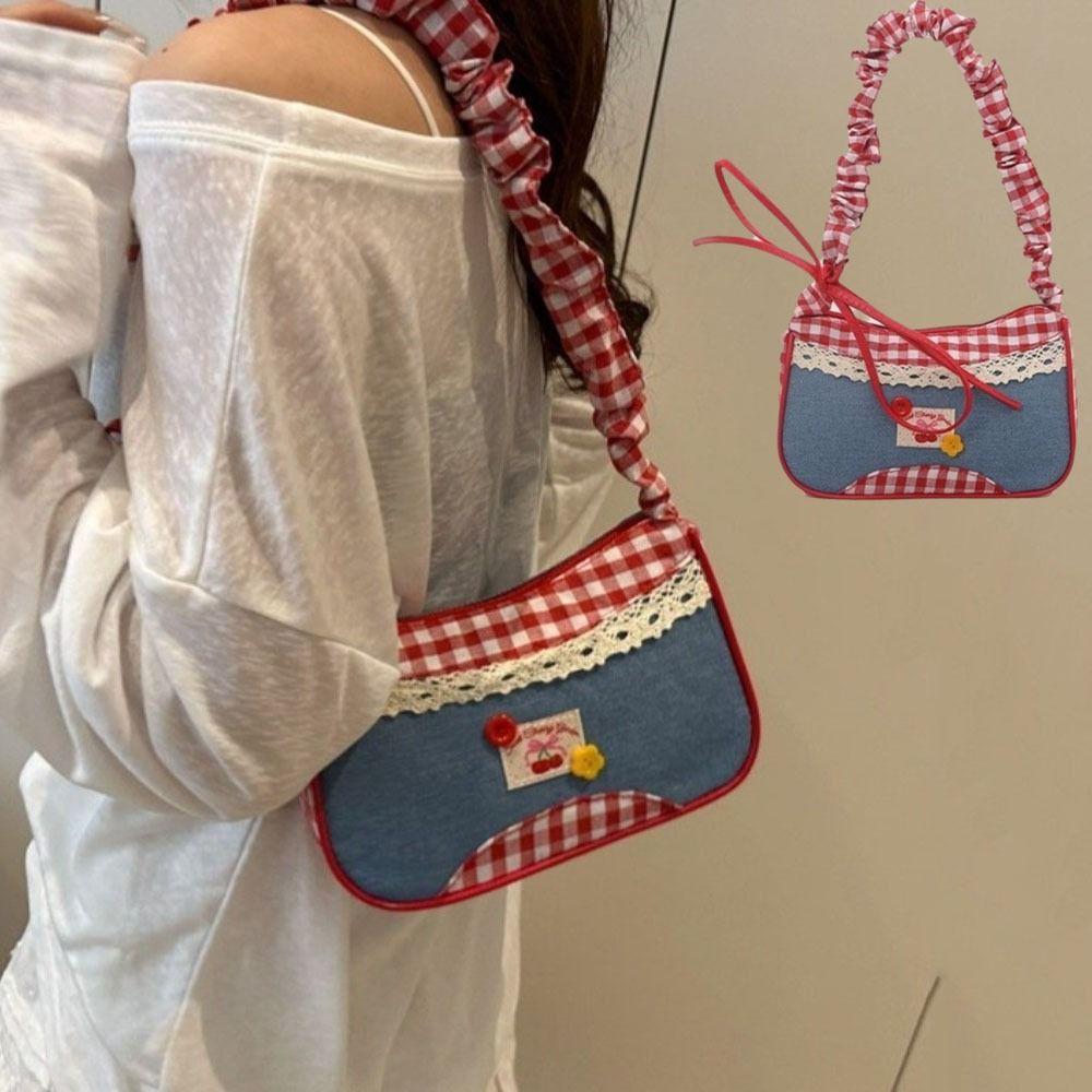 Plaid Denim Underarm Bag Rural Style Crossbody Bag Lovely Lattice Shoulder Bag  Women