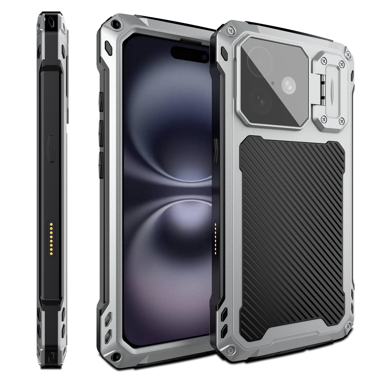 

For iPhone 16 Case Aluminum Alloy+Silicone Lens Kickstand Phone Cover with Tempered Glass Film Silver