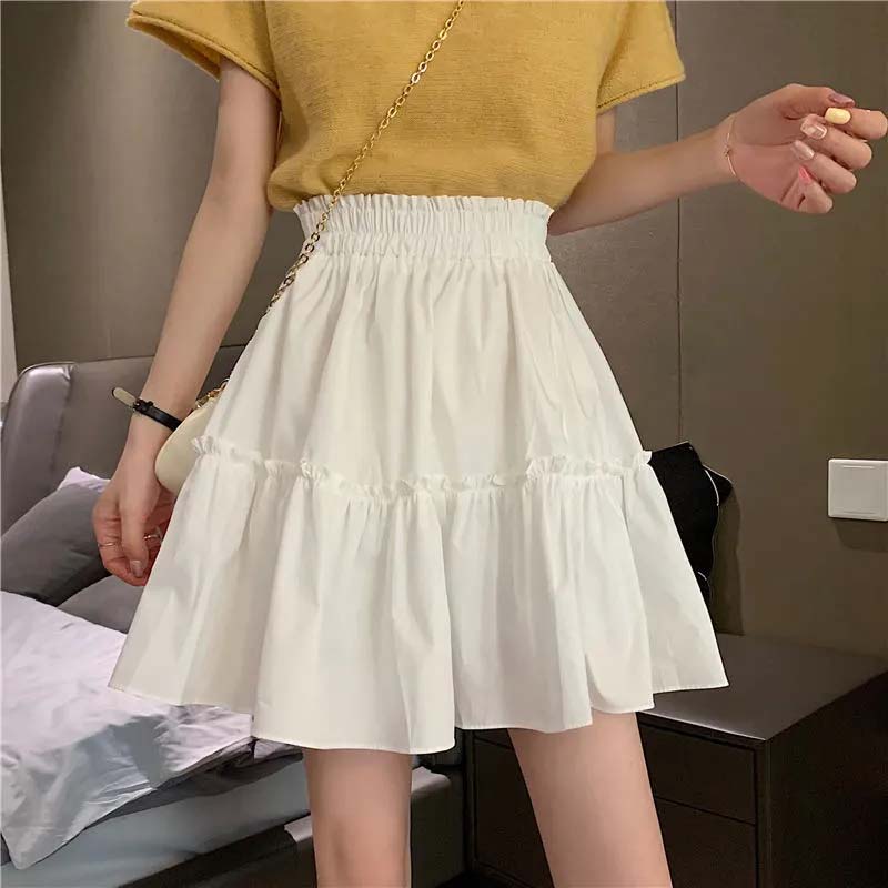 White Skirt Woman Elastic Waist Agaric Edge Solid Color A-line Skirt Sweet Lovely Preppy Style Spring and Summer