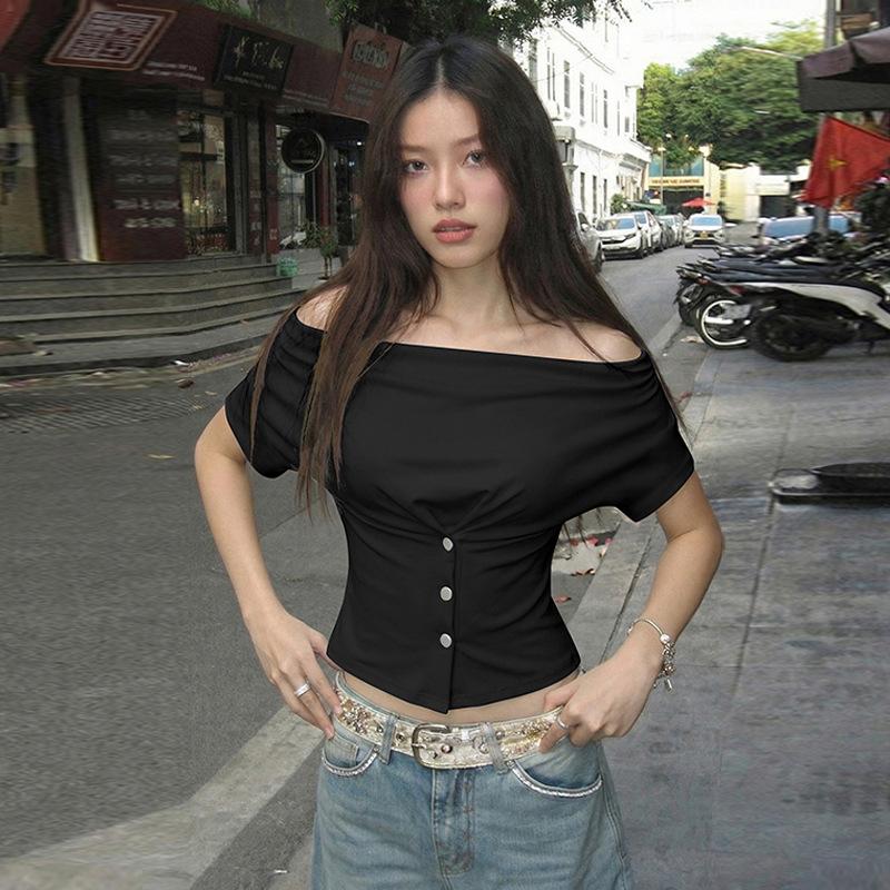 European and American style niche swinging collar slim and thin short-sleeved T-shirt women's new fashion Spice Girl short top wholesale