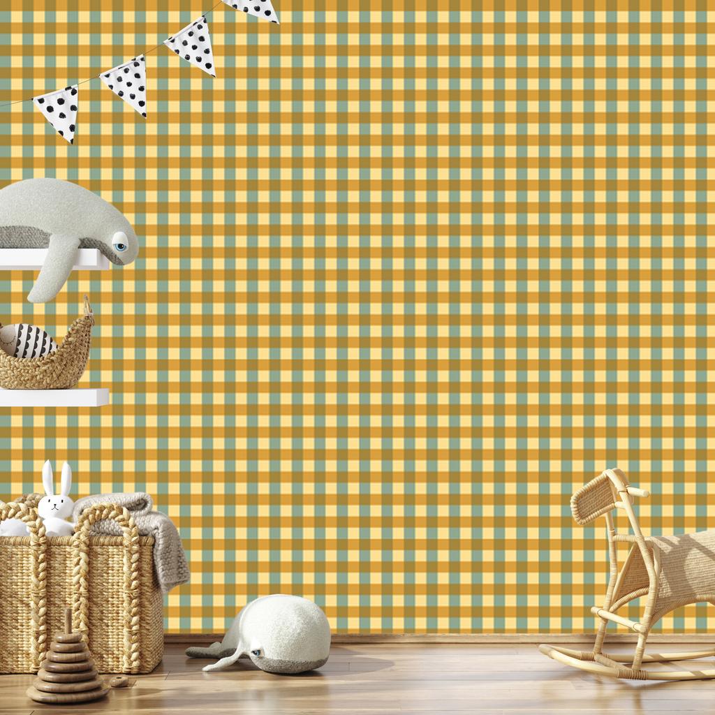 Yellow and Blue Checkered Wallpaper, Gold and Cream, for Living Room and Bedroom, 50x1000