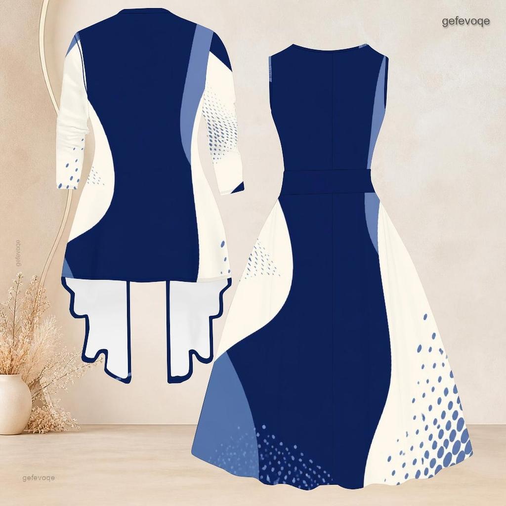 Women Plus Size Off White Printed Two Piece Set Sleeveless Round Neck Tie Waist Flare Dress And Long Sleeve Open Cardigan