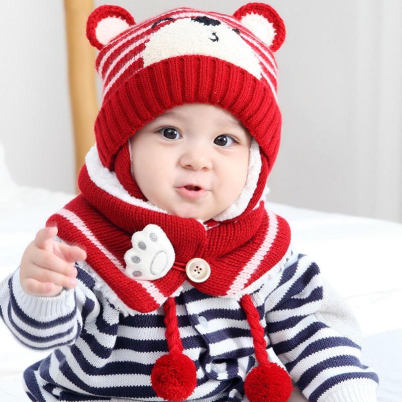 Winter Kids Baby Girls Boys Cartoon Bear Stripe Knit Hat Cap Woolen Yarn Scarf  Hat Keep Warm Set For Outdoor