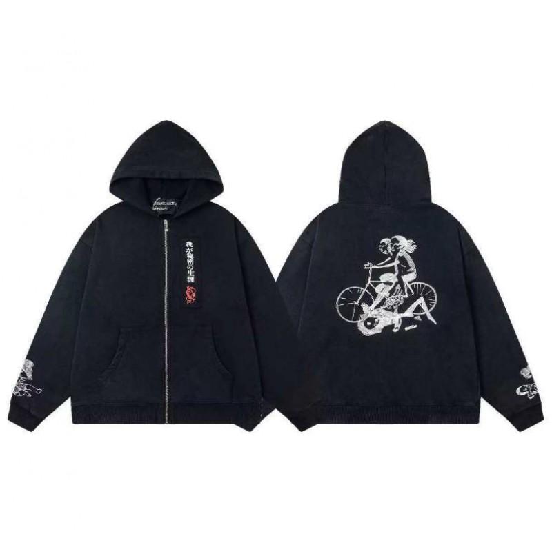 Erkek Geniş Kesim Pamuklu Kapüşonlu Fermuarlı Sweatshirt Sokak Giyim Günlük Harf Baskılı Uzun Kollu Tişört