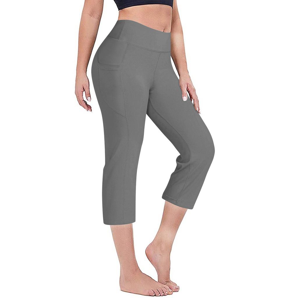 Women Elastic High Waist 3/4 Pant Casual Fit Wide Capris Leg Pants Trousers With Pockets
