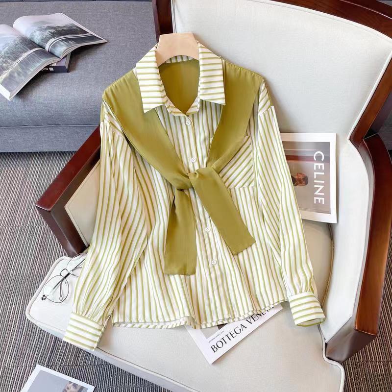 Vertical Striped Shirt for Women Spring Women's Loose Collared Long Sleeved Top