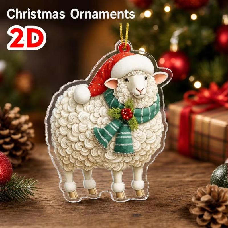 1Pcs Christmas Sheep 2D Acrylic Ornament with Santa Hat Scarf Lovely Xmas Tree Hanging Pendant for Winter Holiday Home Decor