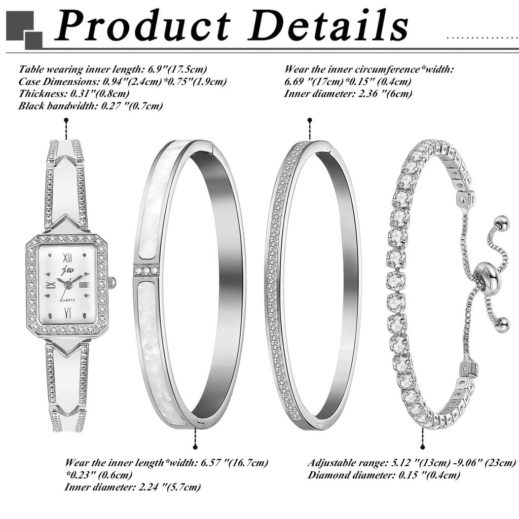 Armbånd 4 Deler Klokke Romersk Analog Kvarts Mote Sølv Gave Damesett Søt, Vanntett, Alfabet, Visning, Klokke, Klokke, - Bursdag,