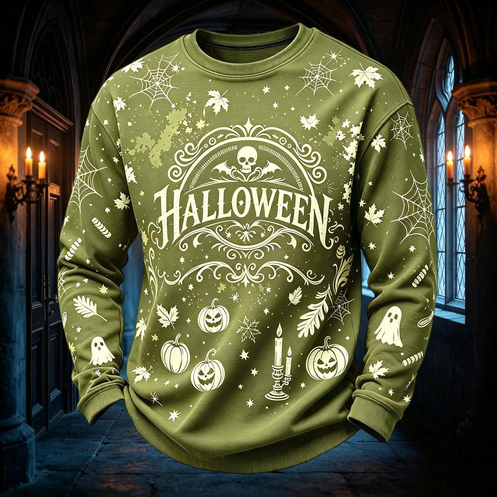 Men's Casual Round Neck Long Sleeve Top with Halloween Print