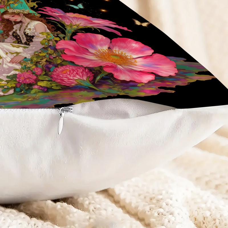 18.18 Inch Enchanted Floral Fairy Throw Pillow Cover, Detachable Soft Cushion Case, Gothic Garden Sofa Home Decor