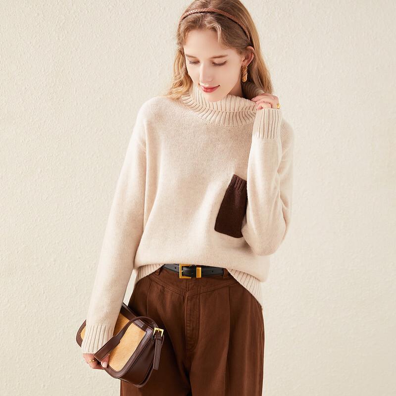 

TUHUANG Women s Thickened Pure Wool Colorblock Turtleneck Sweater XL