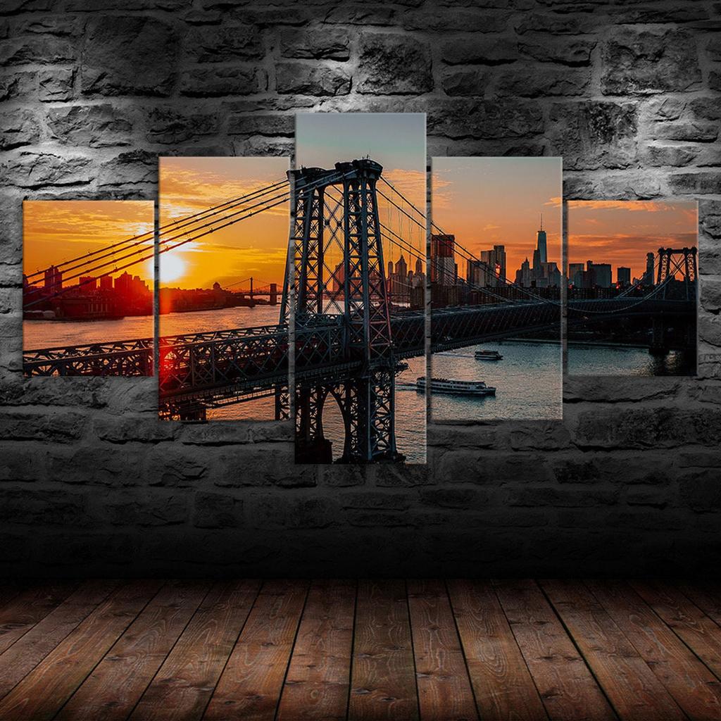 Williamsburg Bridge Brooklyn New York Sunset View 5 Piece Five Panel Wall Canvas Print Modern Art Poster Picture Home Decor Gift For Him Her