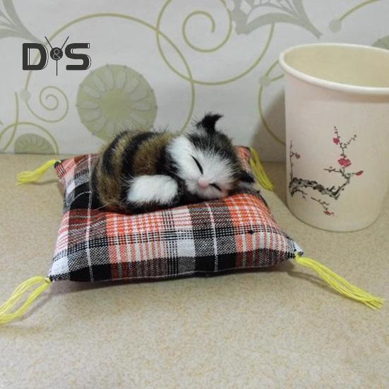 Simulation Cat Doll Plush Toy Mini Realistic Sleeping Kittens on Mat Figurine Stuffed Animal Toy with Cushion for Home Office Room Desktop Decor