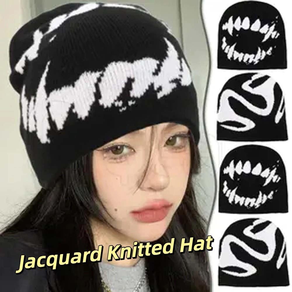 Versatile Elastic Y2K Knitted Hat Halloween Hip-hop Black White Pullover Cap Dome All-match Brimless Beanie Cap Warmer