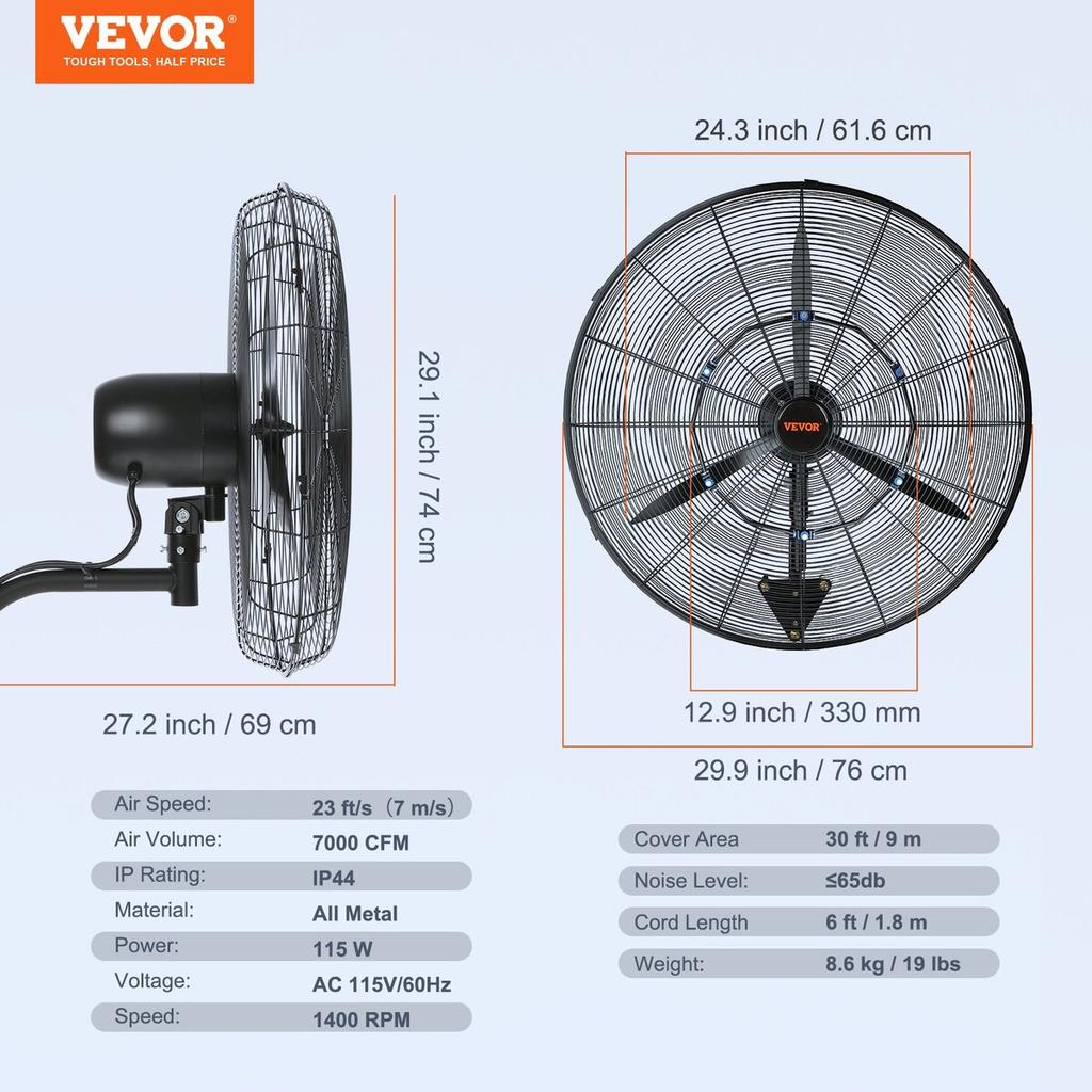 24" Oscillating Wall Mist Fan Metal 3 Speeds 115W