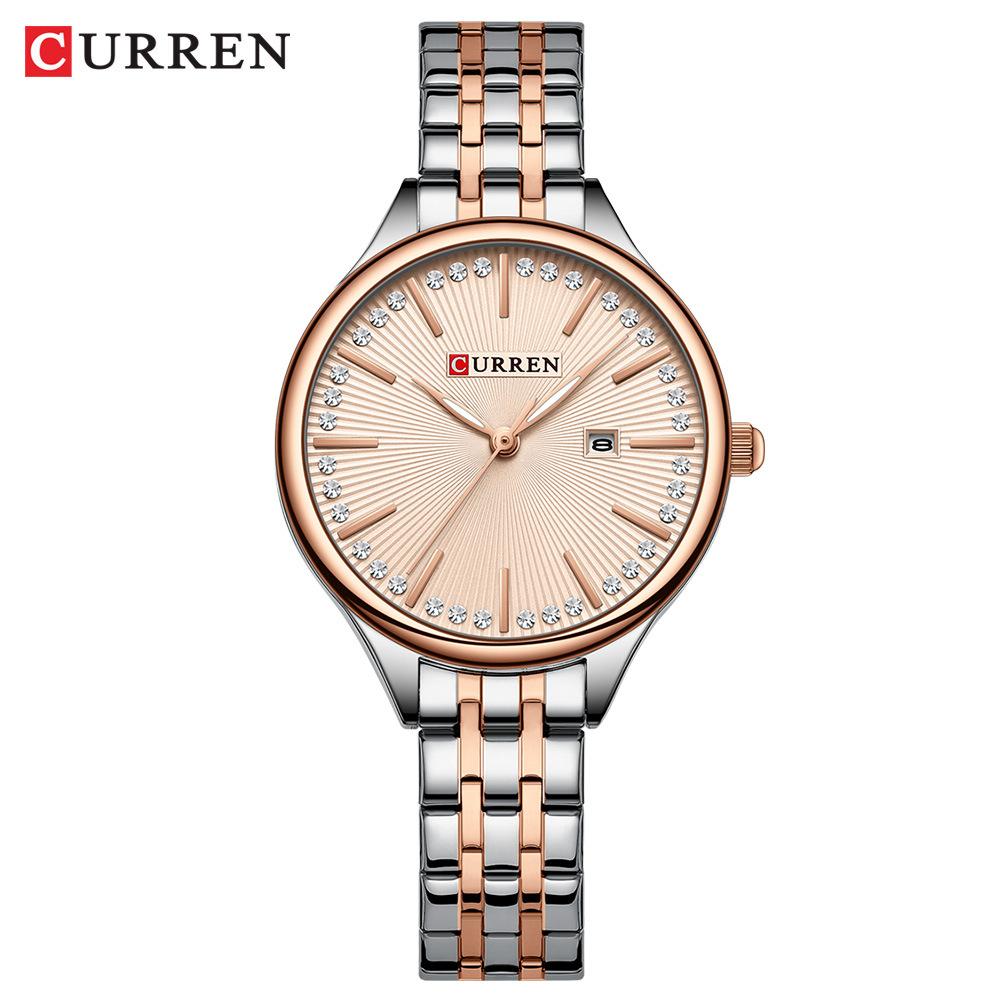 CURREN-Ladies' Luxury Rhinestone Inlaid Fashionable Business Quartz Watch Stainless Steel Simple Waterproof Luminous Calendar Watch