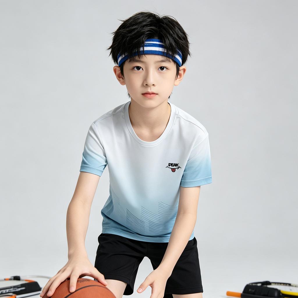 [Fashionable and Breathable] Peak Children's Outdoor Sports Gradient Printed Short Sleeve Youth Daily Versatile Comfortable Top