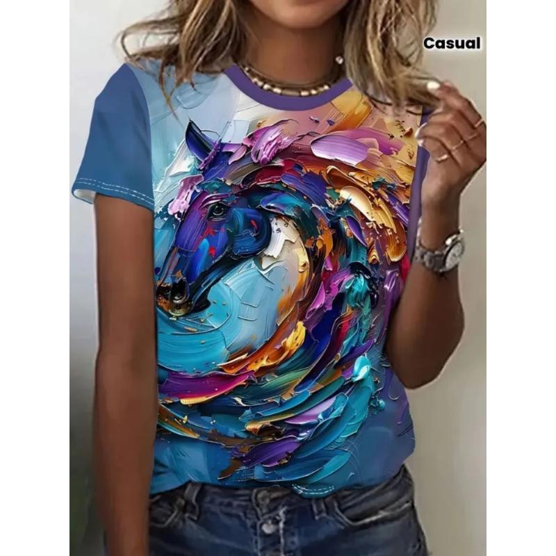 Printed Women s Top Loose Crew Neck Short Sleeve Fashion T-Shirts Women’s XS