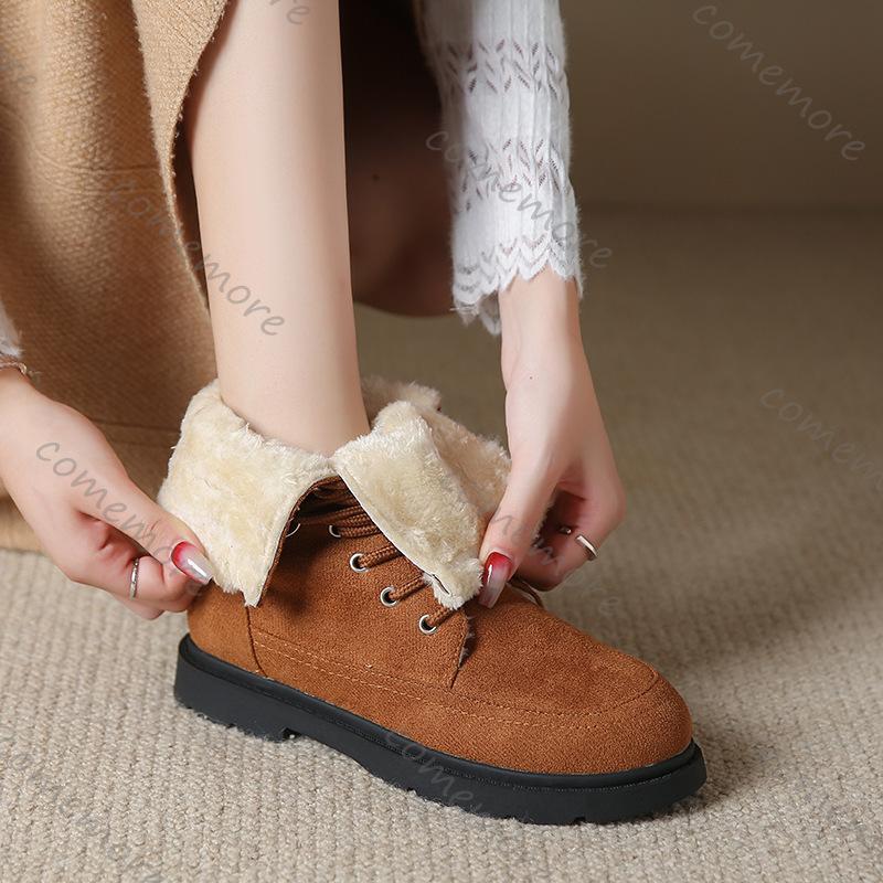 Comemore Winter Boots for Women Padded Cotton Shoes Female New Lace-up Thickened Warm Snow Boots Solid Suede Fur Botas Feminina