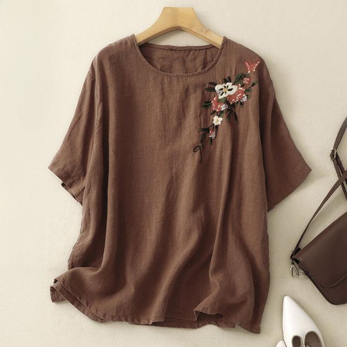 Cotton Short-sleeved T-shirt for Women's Summer Clothes Thin Ethnic Style Embroidered Round Neck Top Loose Pullover Retro Slim