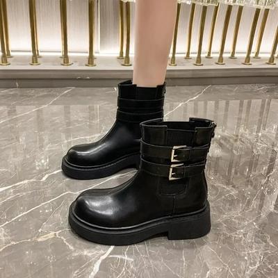 2024 Chunky Heel Platform Women's Punk Boots 2024 Winter Pu Leather Black Boots Woman Metal Buckle Decor Gothic Shoes 35-40