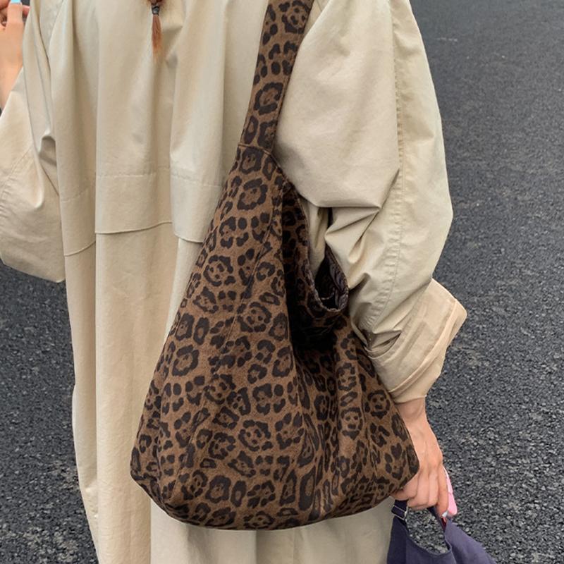Retro Leopard Print Bucket Bags for Women Fashion College Style Suede Large Capacity Tote Bag
