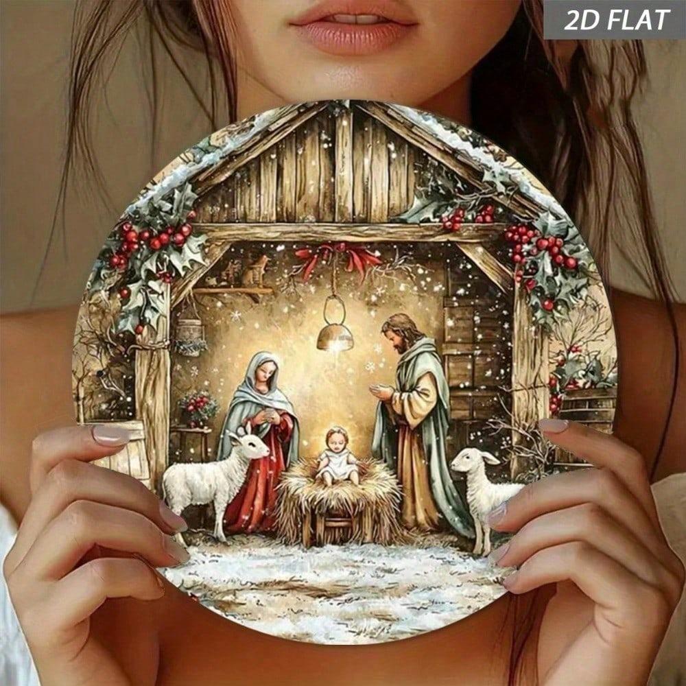 Vintage Christmas Nativity Metal Sign 8x8 Inch Round Tin Plate Wall Art Durable Religious Holiday Home Decor For Living Room
