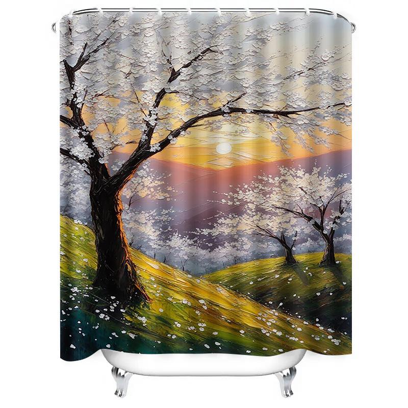 Cherry Blossom Tree at Sunset Waterproof Shower Curtain Heat Resistant Machine Washable Non-Transparent 180x180cm